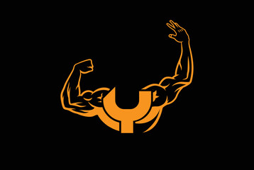 Letter Y Logo With muscular open  Back Double Biceps shape. Fitness Gym logo.