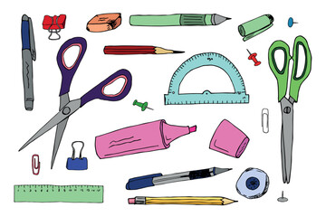 Vector office supplies clipart set. Hand drawn back to school illustration