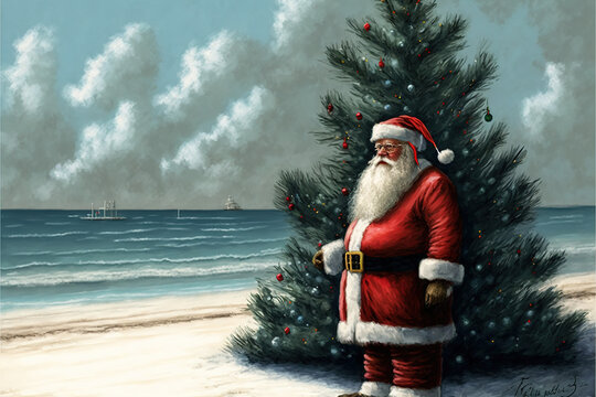 Santa Claus at the Beach, AI Generated Illustration
