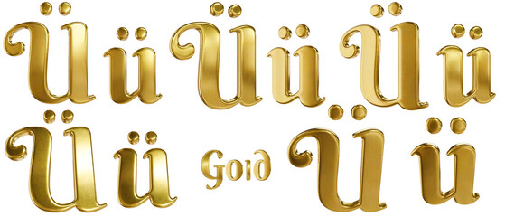 3D alphabet. Golden font with transparent background. Gold. Letter Ü, ü. 5 variants at different angles. © Mykola