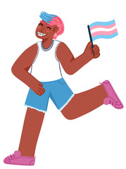 Persona no binaria de piel morena corriendo con una bandera trans - obrazy, fototapety, plakaty