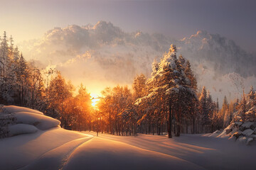 Snowy Forest at Sunset, AI Generated Illustration