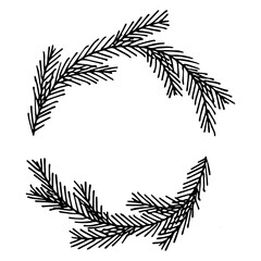 Hand drawn frame of spruce branches. Wreath doodle. Christmas and winter design element