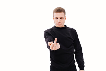 a man in black shows his middle finger on a white background.