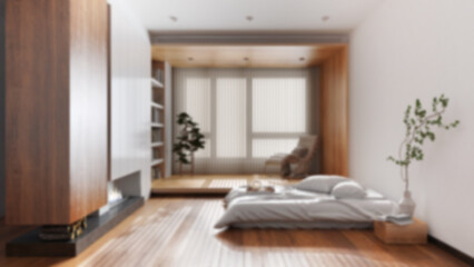 Blurred background, minimalist wooden bedroom. Bed with pillows and fireplace. Wallpaper and parquet floor. Japandi interior design