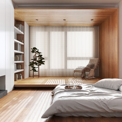 Japandi wooden bedroom in white and beige tones. Bed with pillows and decors. Parquet floor and bookshelf. Minimalist modern interior design
