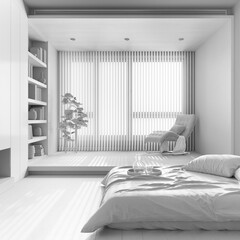 Total white project draft, japandi wooden bedroom. Bed with pillows and decors. Parquet floor and bookshelf. Minimalist modern interior design