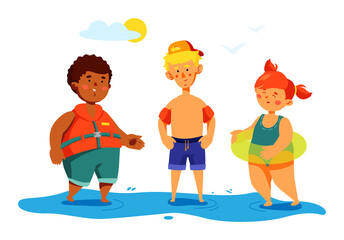 Children on the beach - colorful flat design style illustration