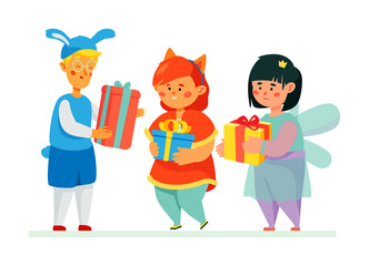 Happy children getting presents - colorful flat design style illustration