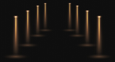Stage spotlights, realistic light corridor, shiny yellow beams overlay effect for music stage or awards nomination. Interior lights isolated on a dark backgorund. Vector illustration.