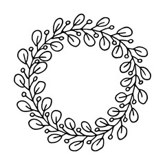 Hand drawn frame of branch with berries and leaves. Christma swreath doodle. Winter clipart.