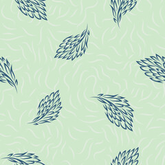 Line art style scattered simple leaves seamless vector pattern background. Hand-drawn irregular leaf foliage on textured hessian fibre backdrop. Organic botanical repeat. Blue green colors for summer