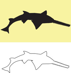 Sawfish or carpenter shark vector silhouette illustration isolated on white background. - obrazy, fototapety, plakaty