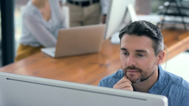 Businessman, thinking or manager working on computer networking, communication or website code research in office. Focus, employee or SEO worker for data analysis, analytics or innovation strategy