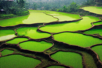 Fototapeta premium Green rice fields, aerial view, sunny misty day