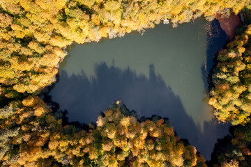 Autumn landscape in the lake and woodland around it, beautiful colorful autumn trees. Aerial Drone footage. Yedigöller, Bolu - TURKEY