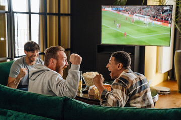 Male friends gesturing as winners while watching football match sitting in front of the TV screen