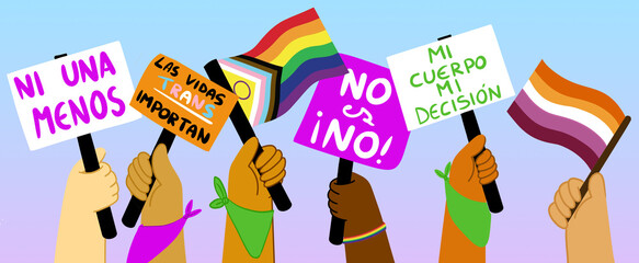 Manos con carteles feministas, carteles sobre el aborto, derechos de personas trans, bandera lésbica y bandera lgtbiq+ - obrazy, fototapety, plakaty