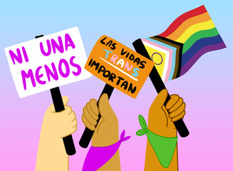 Manos con carteles feministas, derechos de personas trans y bandera lgtbiq+ - obrazy, fototapety, plakaty