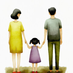 Mother and father holding their daughter by the arms. Watercolor illustration