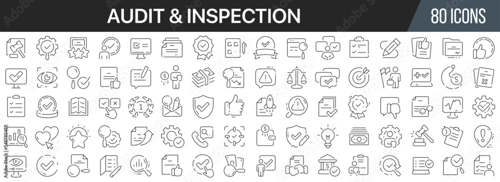 Poster audit and inspection line icons collection. big ui icon set in a flat design. thin outline icons pac