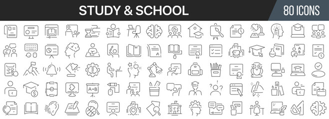 Study and school line icons collection. Big UI icon set in a flat design. Thin outline icons pack. Vector illustration EPS10