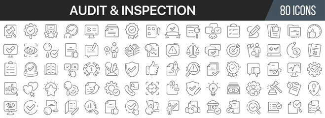 Audit and inspection line icons collection. Big UI icon set in a flat design. Thin outline icons pack. Vector illustration EPS10