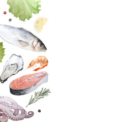 Seafood watercolor illustration, vertical banner on white background.