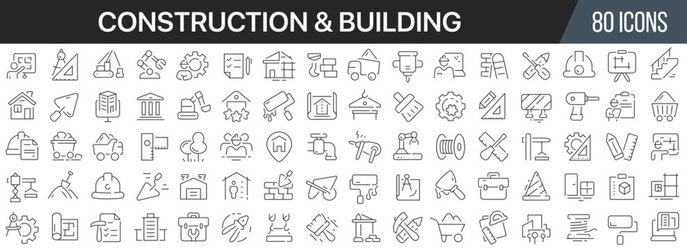 Construction and building line icons collection. Big UI icon set in a flat design. Thin outline icons pack. Vector illustration EPS10