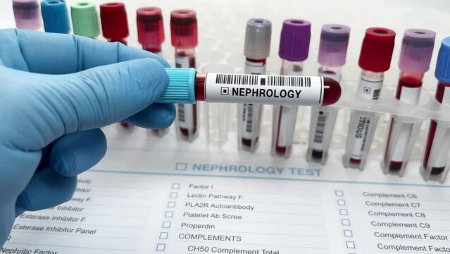 Technician lab holding Blood sample with requisition form for renal function test. Doctor working with Blood drawn for Nephrology test
