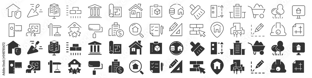Poster Construction and building line excellent icons collection in two different styles. Thin outline icons pack. Vector illustration eps10