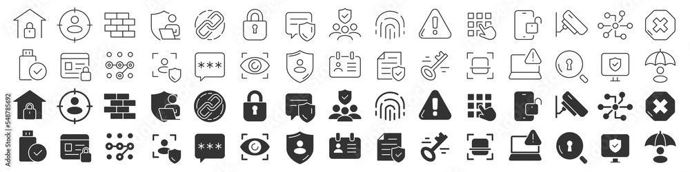Aufkleber security and protection line excellent icons collection in two different styles. thin outline icons 