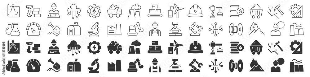 Poster industrial and engineering line excellent icons collection in two different styles. thin outline ico
