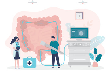 Group of doctors do it colonoscopy procedure in private clinic. Undergo rectum disease screening in hospital. Intestine diagnostic, research and healthcare.