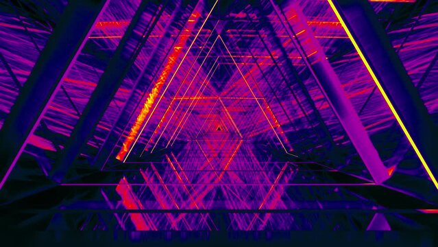 Futuristic abstract animation of space background in triangle tunnel with rays and neon light tubes. Creative animation of geometric tunnel with glowing light. Abstract corridor with triangle concept.