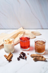 Jamaica, horchata and tamarind water cups, traditional from mexico.