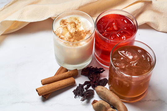 Jamaica, horchata and tamarind water cups, traditional from mexico.