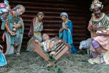 Nativity of Christ. Christmas Nativity scene with The Holy Child, The Blessed Virgin Mary, Saint...