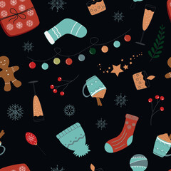 Christmas seamless pattern on black background, Christmas things chaotic cartoon holiday things
