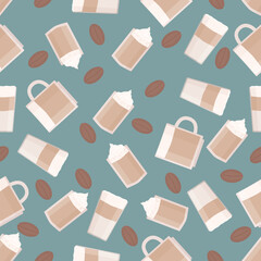 Coffee mug seamless pattern. Vector illustration. Coffee mug, beans.