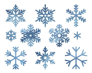 Fototapeta na wymiar Watercolor hand painted illustration set of snowflakes. Isolated on transparent background