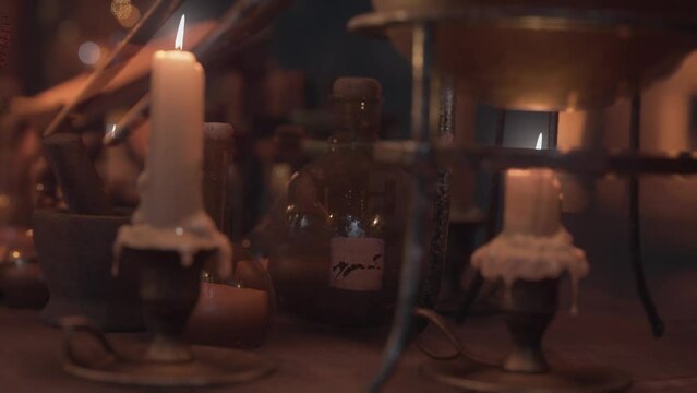 Alchemist, Secret Laboratory, Candles, Magic Potions 3D Animations Renderings Background CGI 4K