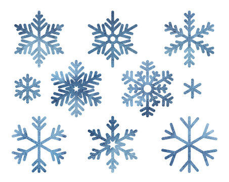 Watercolor hand painted illustration set of snowflakes. Isolated on white background