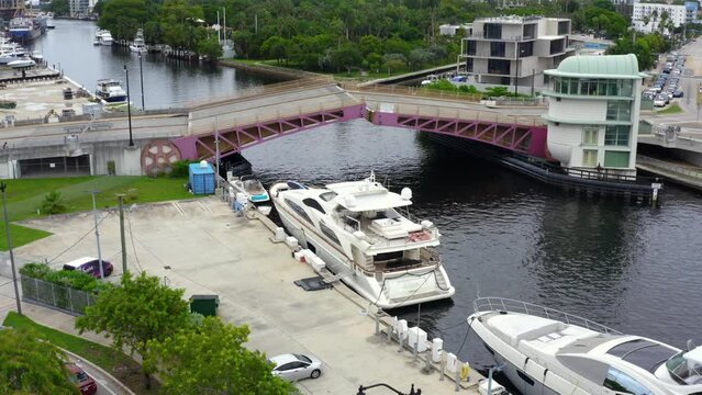 Aerial view of moveable bridge bridge in motion.