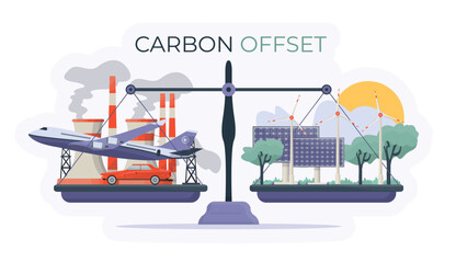 Carbon offset concept. Infographic compensation to decrease CO2 greenhouse gases. Balances. Emissions from factories and fossil fuel burning compensated by green industry, solar panels, windmills.  
