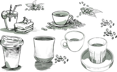 Obraz premium Vector doodle sketch coffee set with coffee beans and dessert