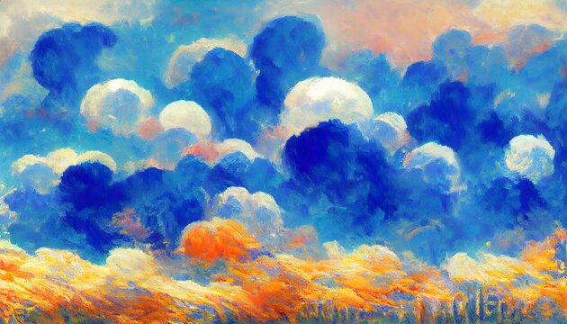 Blue Painted Puffy Clouds Water Impressionism Background Texture Painting. Monet Style. Dreamy Clouds Backdrop. Aquarel. Dramatic Beautiful Sky. Illustration.