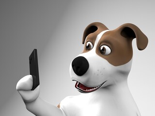 Funny puppy with smartphone. 3d render isolated on white background.