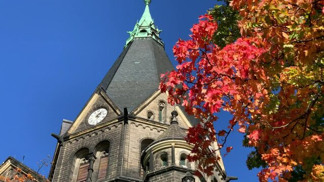 Sacred trinity church building in Riesa with a blue sky above