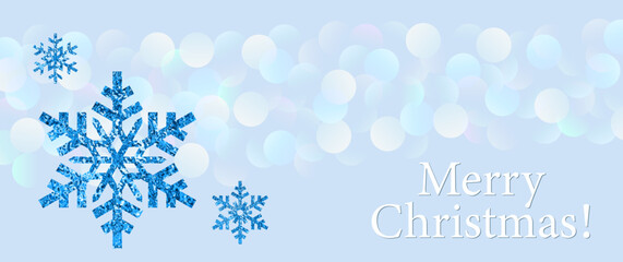 Christmas vector art background with blue snowflakes and blur light for cards. Holiday template for cover design, flyer, poster, banner. Merry Christmas! Happy New Year! Winter pastel color backdrop.	